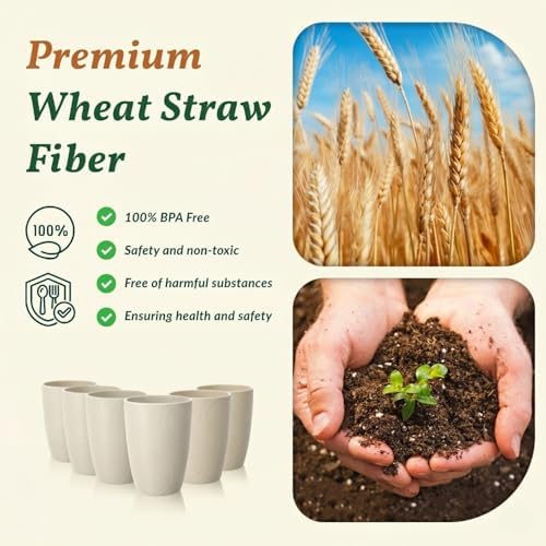 Homienly Plastic Cups Alternative 12oz - Wheat Straw Cups Set of 6 Reusable & Unbreakable Drinking Glasses Dishwasher & Microwave Safe Cups for Everyday Use-Beige