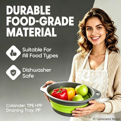 AUOON Collapsible Colander Set (3QT + 4QT) with Draining Base, Gray+Green