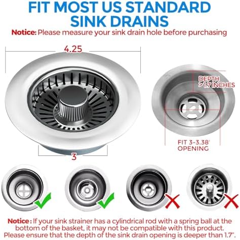 zaa Kitchen Sink Drain Strainer - Kitchen Sink Stopper, 304 Stainless Steel Sink Drain Stopper, Sink Protector for Kitchen with Anti-Clog Filter, Fit US Standard 3-1/2'' Sink Drain Hole, Gray