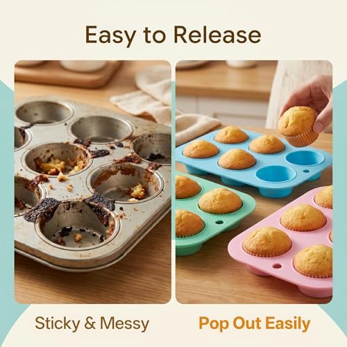 2 Pack Silicone Muffin Pan for Baking, Regular Size Nonstick Cupcake Pan, 6-Cup Silicone Muffin Tin BPA Free Dishwasher Safe, Great for Muffin Cupcake Brownie Egg Tart