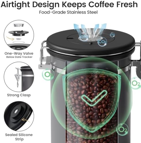 Veken Coffee Canister with Window,Airtight Stainless Steel Container,22OZ