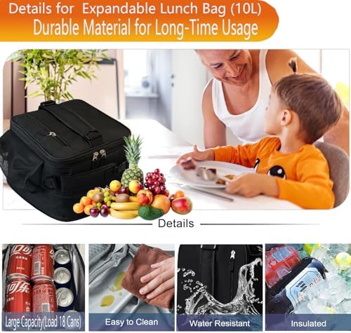 Expandable Lunch Box Insulated Lunch bag for Men Teen Kids Boys Adult Portable Stylish Double-Capacity Lunchbox Special Design for Working Office school Picnic (Black Expandable 10L)