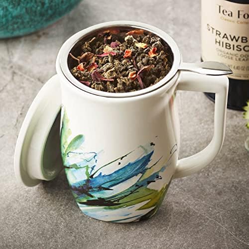 Tea Forte Ceramic Fiore Tea Cup with Infuser, Blue Agave, 14 oz