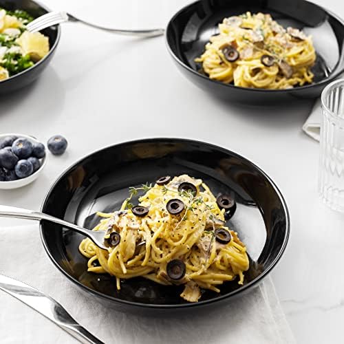 Y YHY Pasta Bowls 30oz, Large Salad Serving Bowls, Shallow Soup Bowls, Porcelain Pasta Bowls Set of 6, Microwave Dishwasher Safe, Black