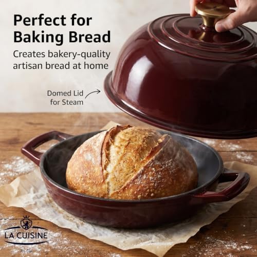 La Cuisine Enameled Cast Iron Round Bread Dutch Oven for Sourdough Crusty Bread & High‑Heat Baking. Oven-Safe 550°F/287°C, Internal Matte Black Enamel Coating, 5 QT, Cranberry