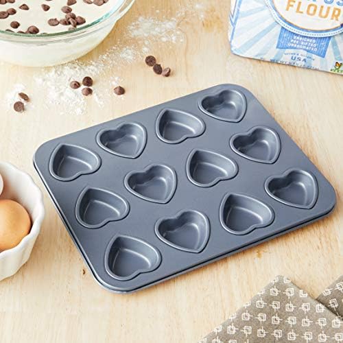 Fox Run Mini Heart Muffin Pan, 12-Cup, Preferred Non-Stick, Gray