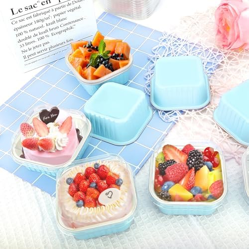60Pack 5oz Blue Mini Cake Pans with Lids and Spoons Baking Cups Aluminum Foil Pans Tins, Individual Dessert Cups Containers for Sales,Party,Picnics