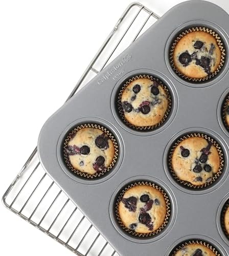 Calphalon Titan Steel Core PFA Free Nonstick Cupcake Muffin_Pan, Heavy Duty Carbon Steel Bakeware for Even Heating, Oven Safe Muffin_Tray for Cupcakes, Muffins, 12-Cup Muffin Pan (Pack of 4)