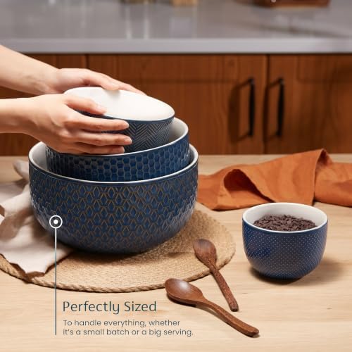 KooK Ceramic Nesting Bowls, Embossed, Oven Safe, Set of 4, Midnight Blue