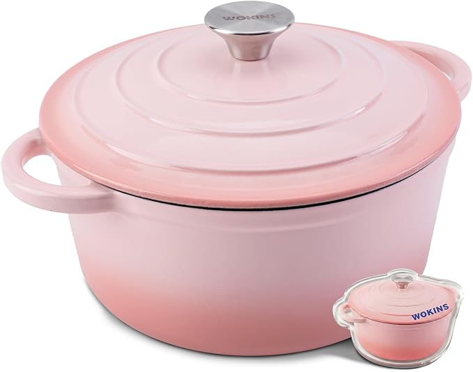 5.5QT Enameled Cast Iron Dutch Oven Pot with Lid,Heavy-Duty Cookware for Sourdough Bread Baking,Braising,Stews,Roasting,Oven Safe up to 500°F,pink