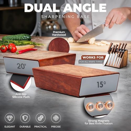 Premium Rolling Knife Sharpener Kit - High Carbon 400/1000/3000 Grit Diamond & Ceramic Discs, 15° & 20° Angles, Leather Strop & Anticut Gloves | Knife Sharpener for Chef, Santoku, & Utility Knives