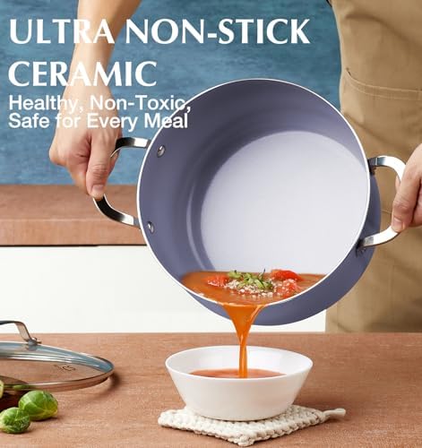 KOCH SYSTEME CS 6 Quart Nonstick Stock Pot with Lid, 6 QT Nonstick Ceramic Stockpot with Stainless Steel Handle, Induction Cooking Pot for Soups, Casserole, Soup Pot, Even Heating, Oven Safe, Purple
