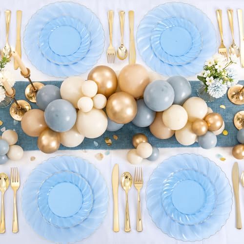 YOUBET 125PCS Clear Blue Gold Plastic Plates - Blue Disposable Plates With Gold Rim Include 25 Dinner Plates 25 Dessert Plates 75 Golden Silverwares for Wedding Birthday & Parties