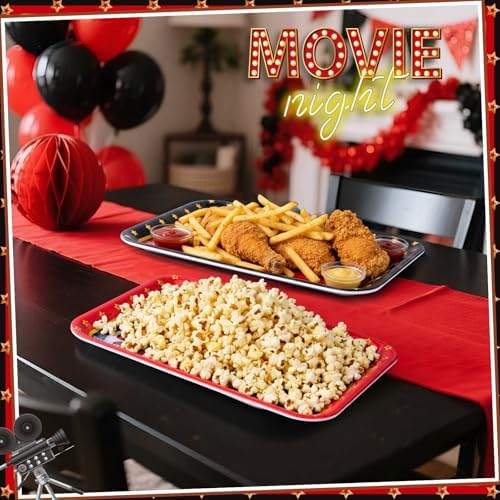 Vesici 4 Pack Movie Night Melamine Serving Trays, 13 x 10 Inch Rectangular Cinema Snack Platters with Popcorn & Film Designs, Durable Serving Plates for Home Theater, Parties & Appetizers