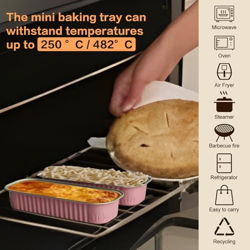 50 Pack Mini Cake Pans with Lids and Spoons, Mini Loaf Baking Pans 6.8oz, Small Disposable Aluminum Foil Loaf Pans, Rectangular Baking Containers for Party and Picnics, Cheesecake Pans (Pink)