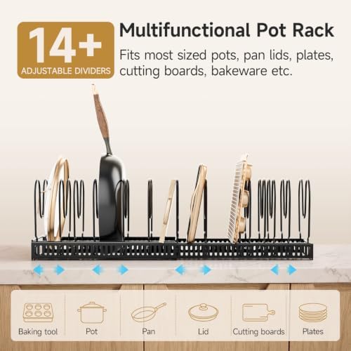 MUDEELA Pot Lid Organizer for Cabinet, Expandable Baking Pan Rack 14 Slots