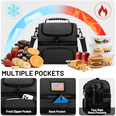MIER Lunch Box for Men Dual Compartment Adult Lunch Bag for Work, Dark Grey