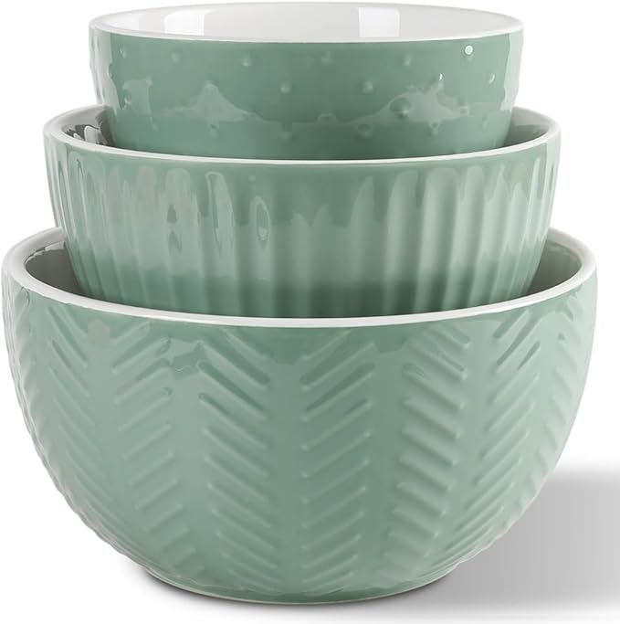 HAPPY KIT Ceramic Mixing Bowls Set, Serving Bowls Set For Kitchen,Large 5/3/1.5 Quart Bowl Set of 3, Prep Nesting Bowl for Baking and Mixing Salad,Avocado green