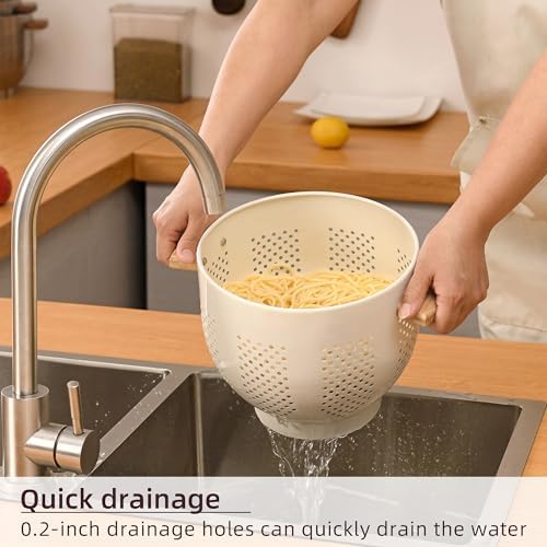 Metal Colander with Wood Handle and Stable Base, Powder Coated Steel Kitchen Strainer Basket for Draining Pasta, Vegetable and fruit (7quart,Cream)