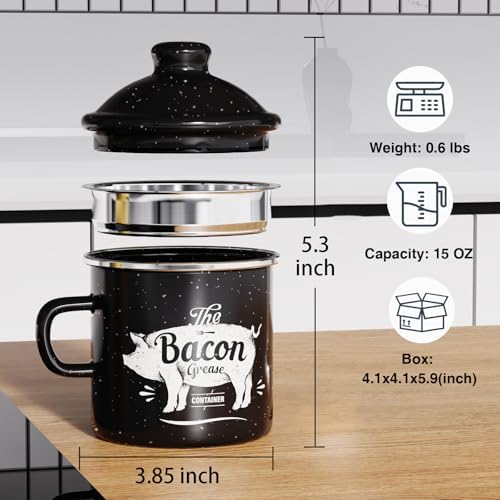 Bacon Grease Container with Strainer-15OZ Enamel Saver, Dishwasher Safe