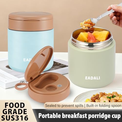 Eadali 15.2oz Kids Food Jar for Hot Food – Vacuum Insulated Lunch Container with 316 Stainless Steel Interior, Leakproof Wide Mouth & Foldable Spoon for School Meals