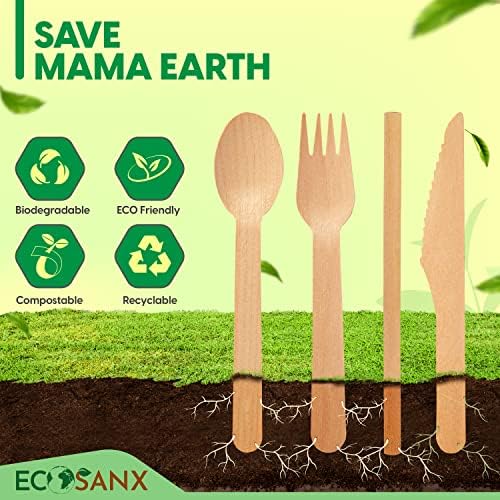 ECOSANX® 220 PCs Disposable Wooden Cutlery set 6.3" Splinter Free Compostable Utensils for party, Eco-Friendly, 100% All-Natural Bamboo Utensils set for picnic, Bamboo cutlery set for Events & More