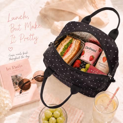 LOVELYWIND Lunch Box for Women, Insulated Lunch Bag, Black Polka Dot Tote