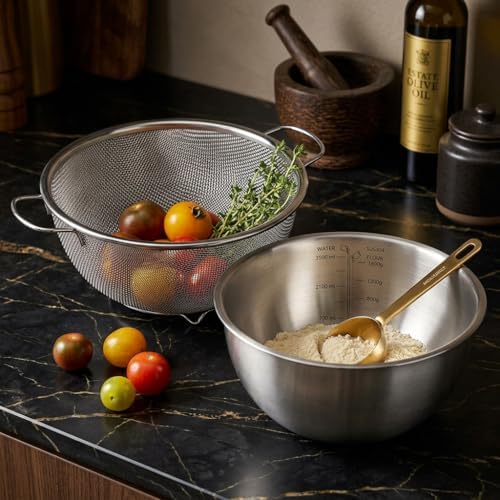 HAPPY KIT 18/8 Stainless Steel Colander with Mixing Bowl, 3.5QT