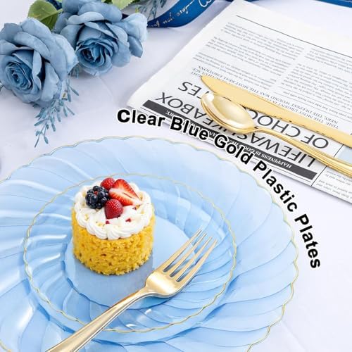 YOUBET 125PCS Clear Blue Gold Plastic Plates - Blue Disposable Plates With Gold Rim Include 25 Dinner Plates 25 Dessert Plates 75 Golden Silverwares for Wedding Birthday & Parties