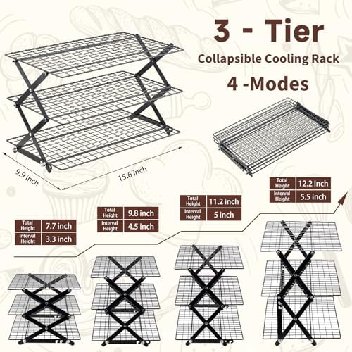 Pleafind 3 Tier Collapsible Cooling Rack - 3 Setting Design, Adjustable ＆ Stackable Baking Rack, 5 Modes Cooling Racks for Cooking and Baking, Roasting ＆ Grilling Gifts for Picnic Party