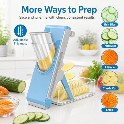 Safe Mandoline Slicer for Kitchen, Vegetable Slicer with Container, French Fry Cutter, All in 1 Julienne Slicer for Potato, Thickness Adjustable, Detachable Blade (Light gray-blue)