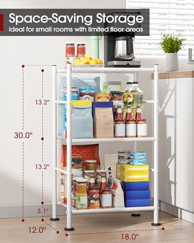Sakugi 3-Tier Metal Storage Shelves Adjustable Feet, 18"x12"x30", White