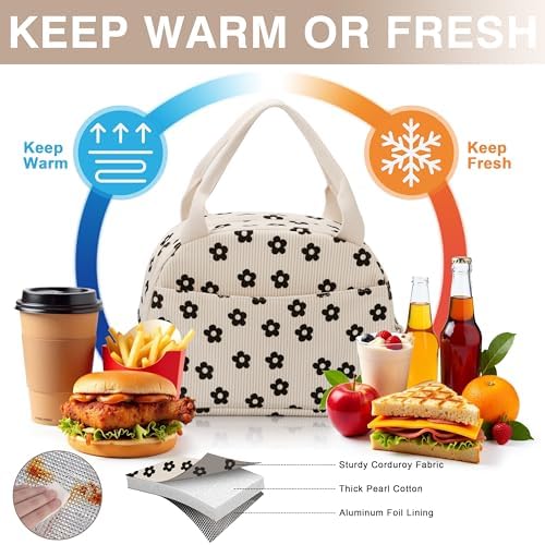 TESAFNG Lunch Bag - Insulated Lunch Box for Women, Reusable Large Capacity Cooler Bag for Adult, Small Leakproof Cute Corduroy Lunch Tote for Work Office Travel Picnic (Corduroy Black-Flower)