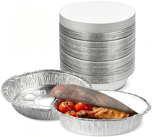 50 Pack 9 Inch Round Aluminum Pans with Lids, Disposable Aluminum Pie Pans with Lids, 9” Tin Foil Pans, Takeout Containers with Cardboard Covers for Cooking, Baking, Storage, Roasting, Reheating