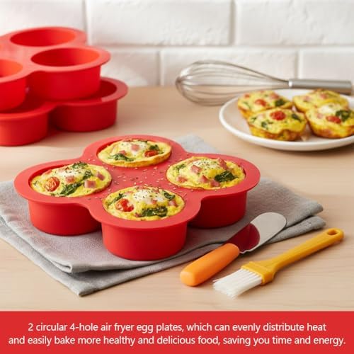 2 Pack Silicone Egg Bite Molds with 1 Spatula & 1 Brush, 4 Cups Silicone Air Fryer Baking Pan Non-Stick for Egg Bites, Cupcake, Tart, Frittata, Quiche, Muffins, Cornbread