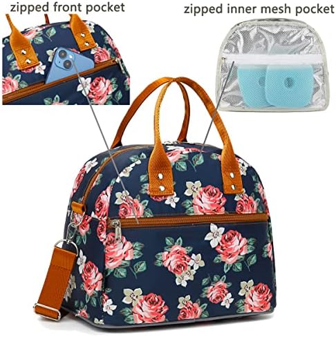 FlowFly Insulated Lunch Bag With Shoulder Strap for Women, Men, and Kids, Large and Reusable, Handle, Freezable Work and School Travel Tote and Meal Prep Organizer,Peony