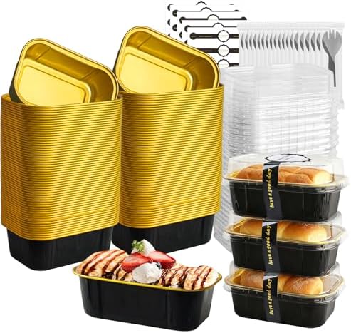 mini loaf pans with lids and spoons 50 Pack,5.5 oz Rectangle mini individual cake tins Disposable Small Aluminum Foil Baking pans (50, Black)