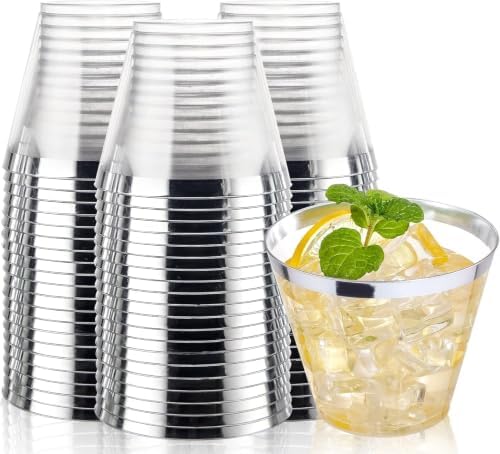 I00000 200PCS Silver Plastic Cups, 9 OZ Disposable Clear Plastic Cups