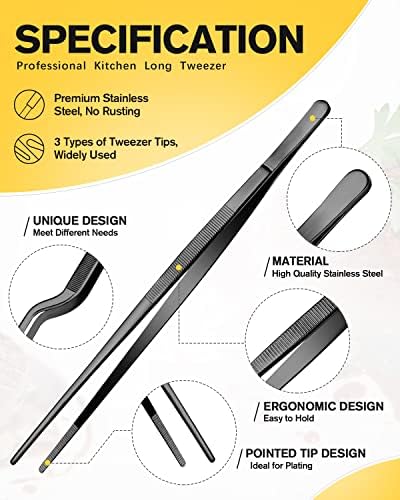 BUNDLEPRO Kitchen Tweezers Tongs with Precision Serrated Tips, 3 Pcs, 10''