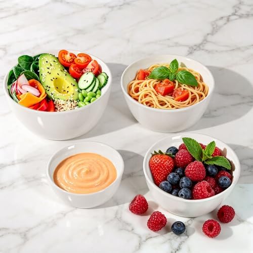 4-Piece Classic Plastic Prep Bowls with Lids, Nesting Plastic Small Mixing Bowl Set for Mixing, Baking, Prepping, Cooking and Serving Food, Microwave and Dishwasher Safe (White)