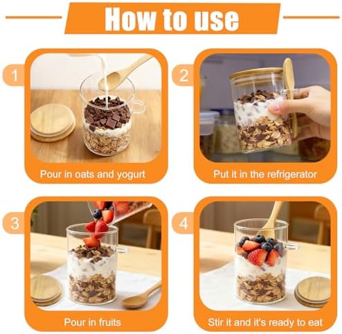 Overnight Oats Containers With Lids and Spoons, 2pack Glass Jars with Bamboo Lids, Leak-Proof Overnight Oats Jars for Cereal, Yogurt, Chia Pudding
