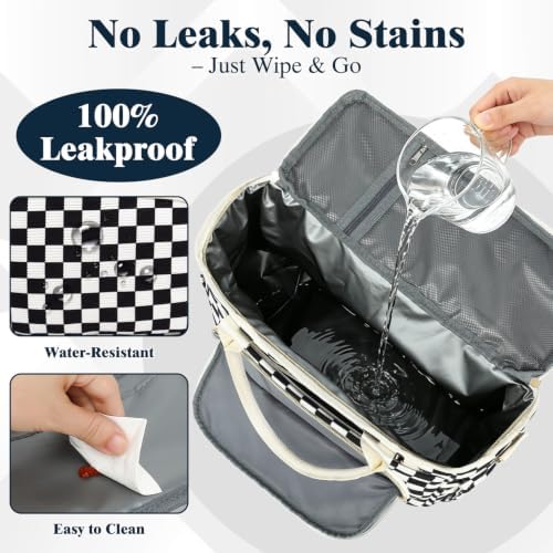 GYEUKHAM Insulated Lunch Bag for Women Men,Extra Large Lunch Box, Leakproof Reusable Cooler Tote for Adult, Everyday Soft Lunch Tote Bag for Work College Picnic Travel,C-Black Checkered