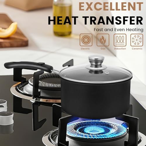 Nonstick Saucepan with Lid, 1QT & 1.5QT & 2QT Small Milk Pots Set with Healthy Teflon2 Coating, Multipurpose Induction Compatible Cooking Pans Kitchen Cookware Set