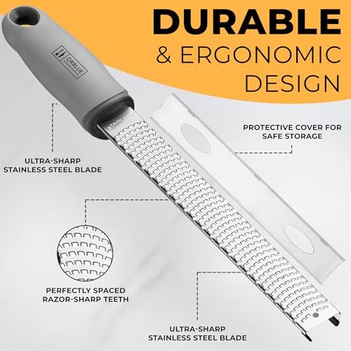 Orblue Lemon Zester & Cheese Grater - Premium Citrus Zester, Kitchen Grater for Parmesan, Chocolate, Fruits, Vegetables, Ginger, Garlic, Nutmeg - Stainless Steel Blades with Protective Cover, Gray