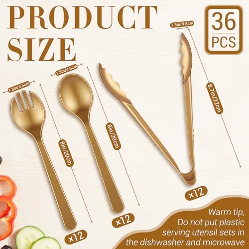 FoldTier 36 Pcs Disposable Plastic Serving Utensils Set Gold Serving Spoons Forks Tongs, Disposable Utensils for Party Weddings Birthday Dinner Buffets Banquets