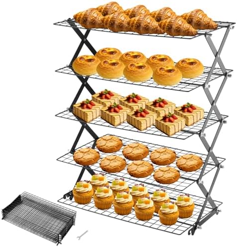 5-Tier Stackable Cooling Rack for Baking, Collapsible Wire Cookie Rack with Adjustable Heights, Non-Stick Roasting & Drying Rack for Cupcakes, Pies and Pastries, Space-Saving Kitchen Essential