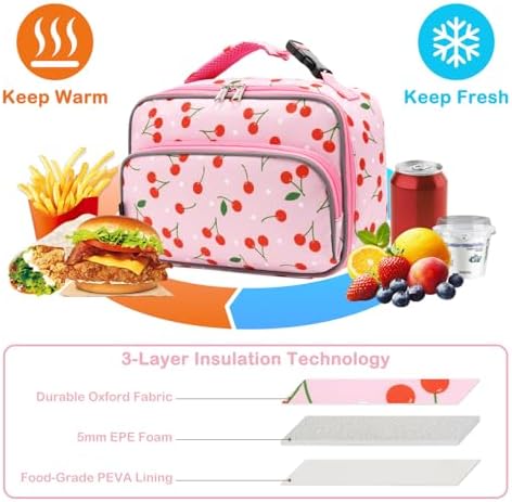 FlowFly Kids Lunch box Insulated Soft Bag Mini Cooler Back to School Thermal Meal Tote Kit for Girls, Boys,Cherry