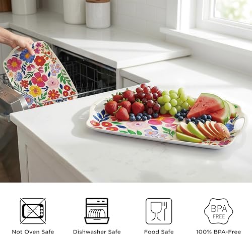 TP Melamine Serving Trays with Handles, 17” x 12”, Set of 2, Floral