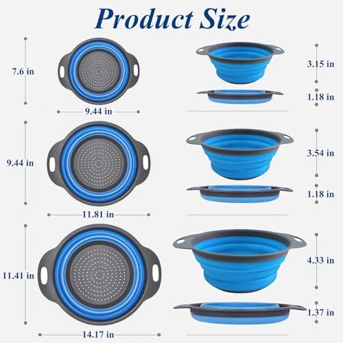 Collapsible Colander Set of 3, Space-Saving Foldable Strainer for Kitchen