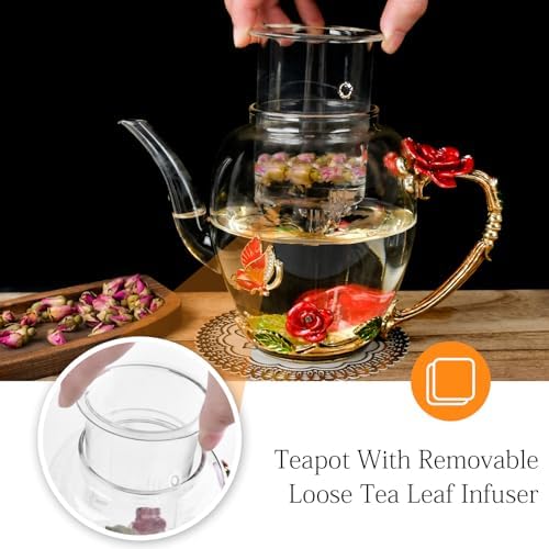 OEAGO Enamel Glass Flower Tea Pot 30.4OZ Birthday Gifts for Women Mom